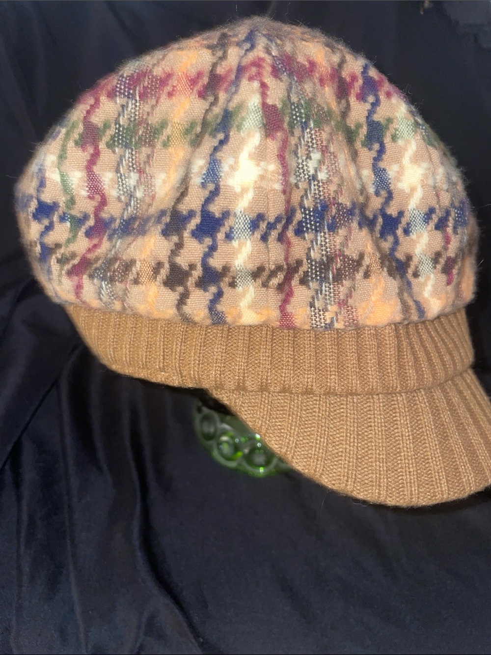 Multicolor Houndstooth Newsboy Cap with Tan Brim